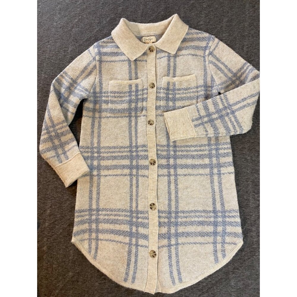 Jessica Simpson Womens Plaid Button Sweater‎ Small Cardigan Blue Wool Shacket